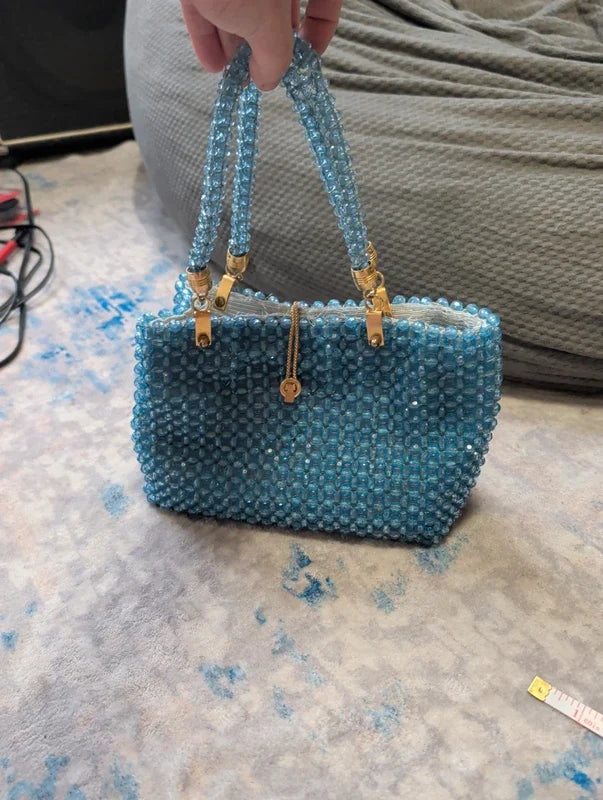 Vintage Barbara Lee Blue Beaded Purse Gold Accents Small Retro