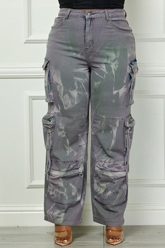 Time to Shine Grey Acid Wash High Waisted Cargo Plus Size Pants