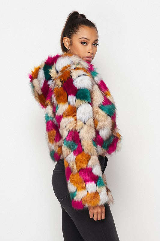 Fasheabe Multicolor Faux Fur Hooded Jacket With Front Zipper