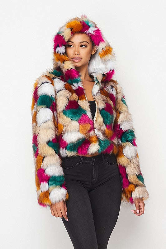 Fasheabe Multicolor Faux Fur Hooded Jacket With Front Zipper