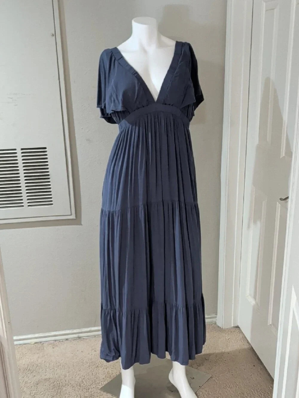 Wishlist Apparel Women's Deep V Tiered Maxi Dress in Slate Blue Medium