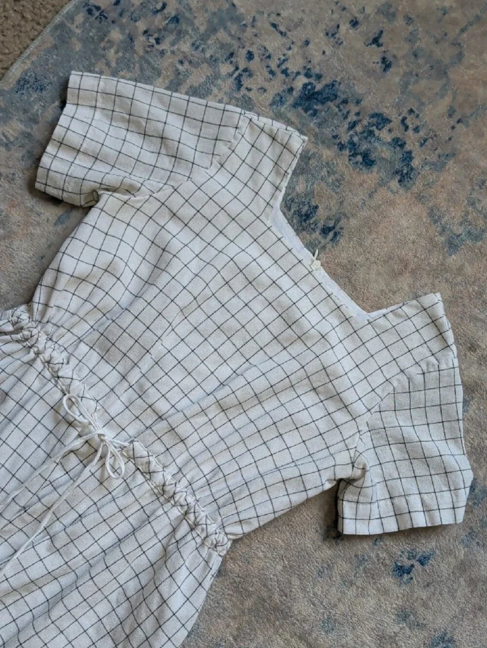 Roolee Kids White Grid Short Sleeve Drawstring Waist Dress Girls 11-12T/Large