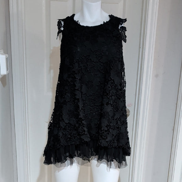 Chic Black Floral Lace Sleeveless Sheer Back Dress Women's Small