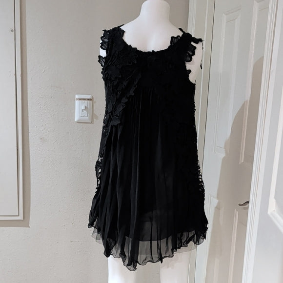 Chic Black Floral Lace Sleeveless Sheer Back Dress Women's Small