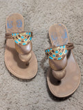 Grendha Brown Beaded Toe-Post Sandals with Turquoise Accents Women's 8