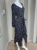 Mia Joy Floral Midi Tie-Waist Dress in Navy with Pink Accents Women's Medium