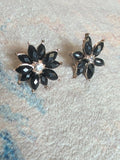VTG Black Floral Crystal Stud Earrings - Retro Costume Jewelry MCM