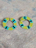 MCM Vintage Yellow & Teal Enamel Hoop Clip-On Earrings Retro Costume Jewelry