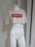 Vintage Levi's Crop Logo Tee in Cream with Red Print Women's Large Retro Tees