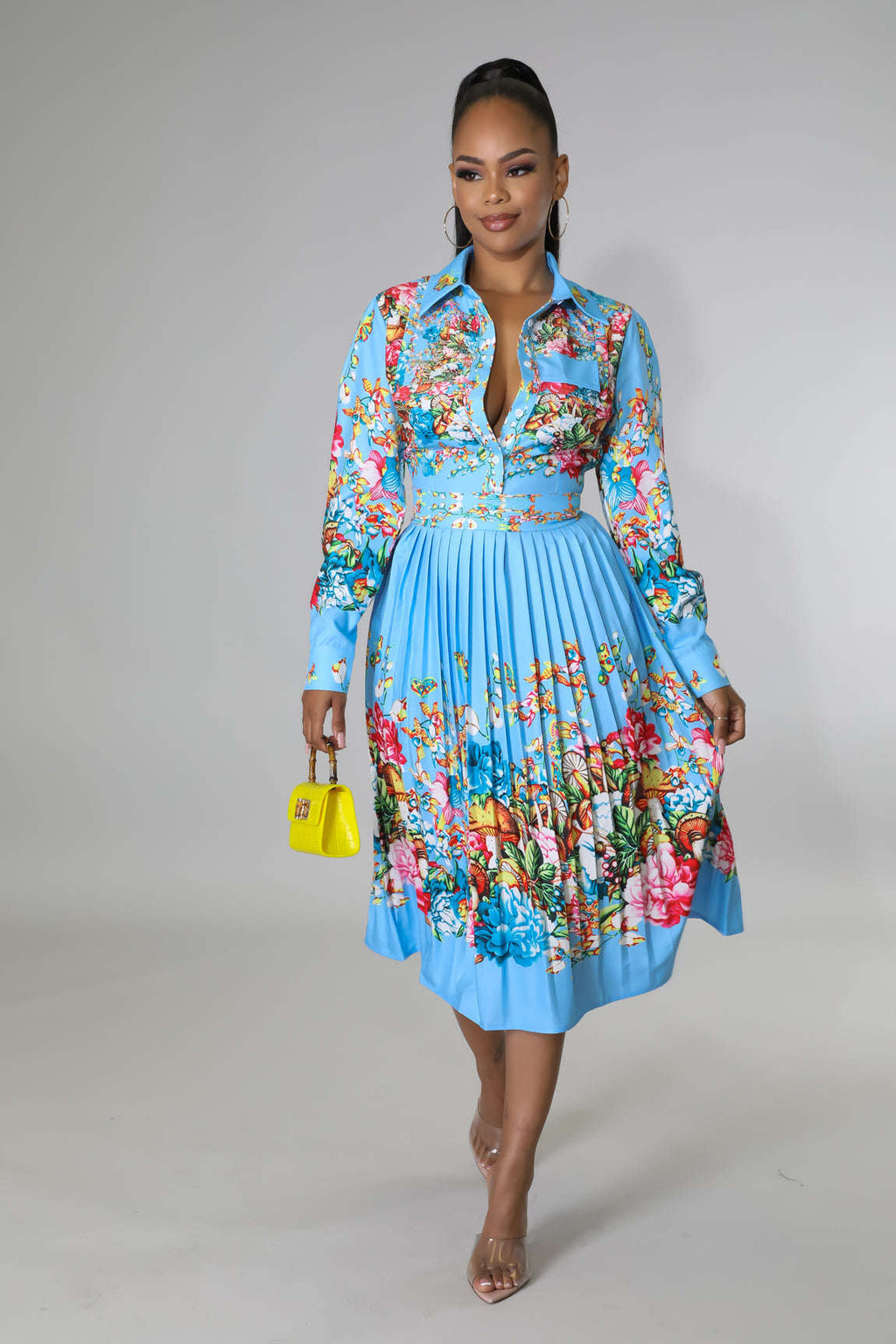 Pleated Print Long Sleeve Mid-Calf Lapel Standard-Waist Pullover Dress
