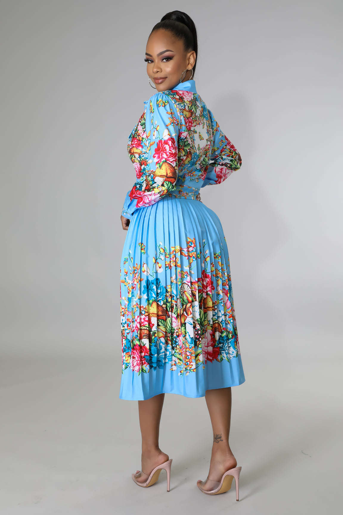 Pleated Print Long Sleeve Mid-Calf Lapel Standard-Waist Pullover Dress